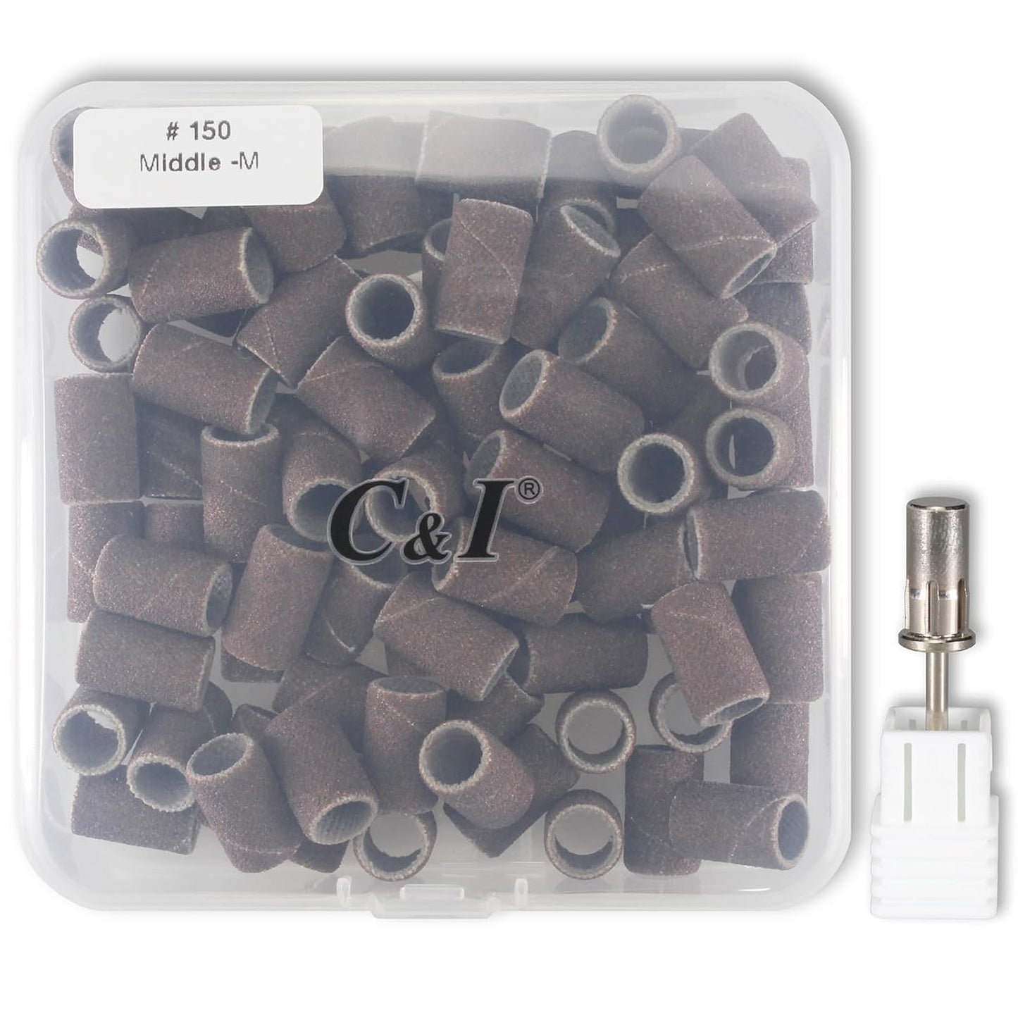 C & I Nail Sanding Bands 100 PCS Plus Upgrade Mandrel 1 PC, Nail Drill Bits for Acrylic Gel Nails Remove, Natural Nails Buffer for Nail Prep and Nail Shiner (Coffee, #150 Middle)