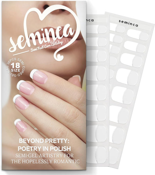 Semi Cured Gel Nail Strips-Bridal Semi-Gel Nail Stickers Wedding French Tip Press Ons,Tear Proof for Big Day,Reusable & Easy Apply Works with Any UV/LED Lamps(Romantic French White)