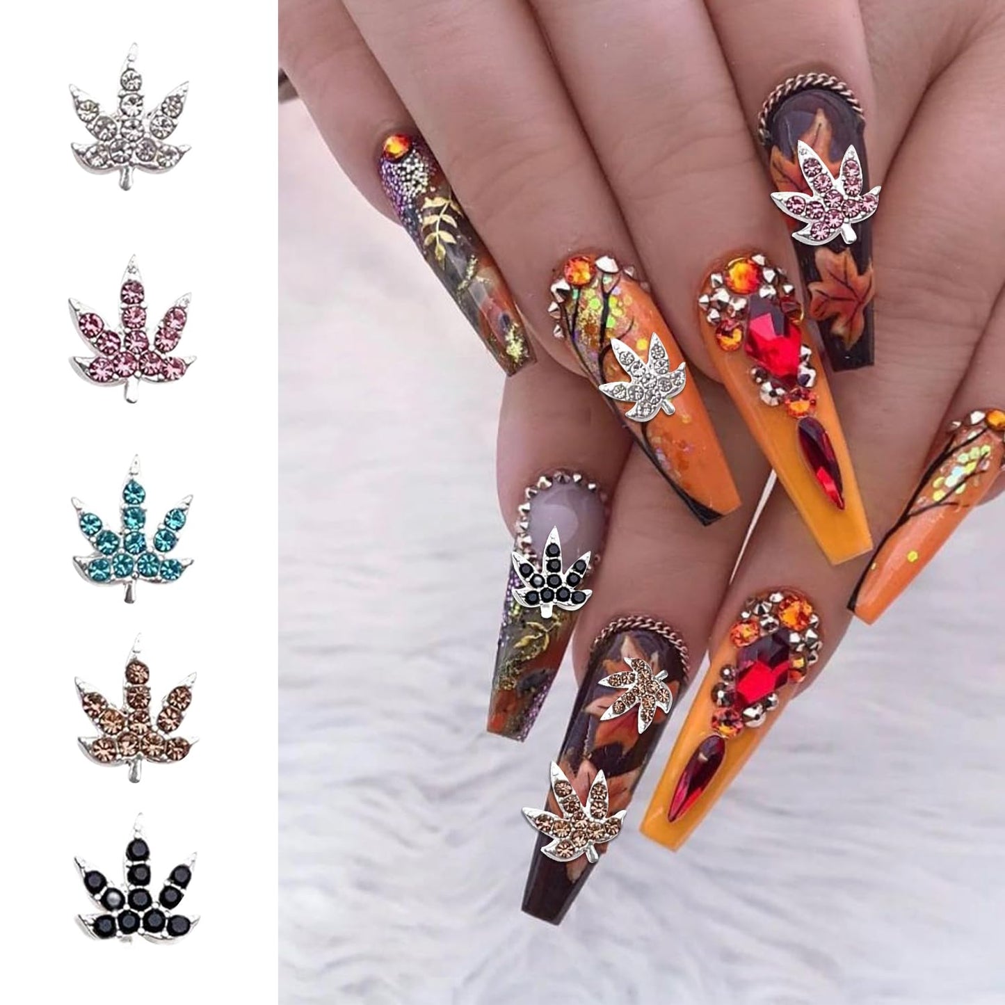 20 Pcs Fall Maple Leaf Nail Charms - Colorful 3D Alloy Crystal Maple Leaves Nail Rhinestones Mix Luxury Jewelry Gems for Women DIY Manicure