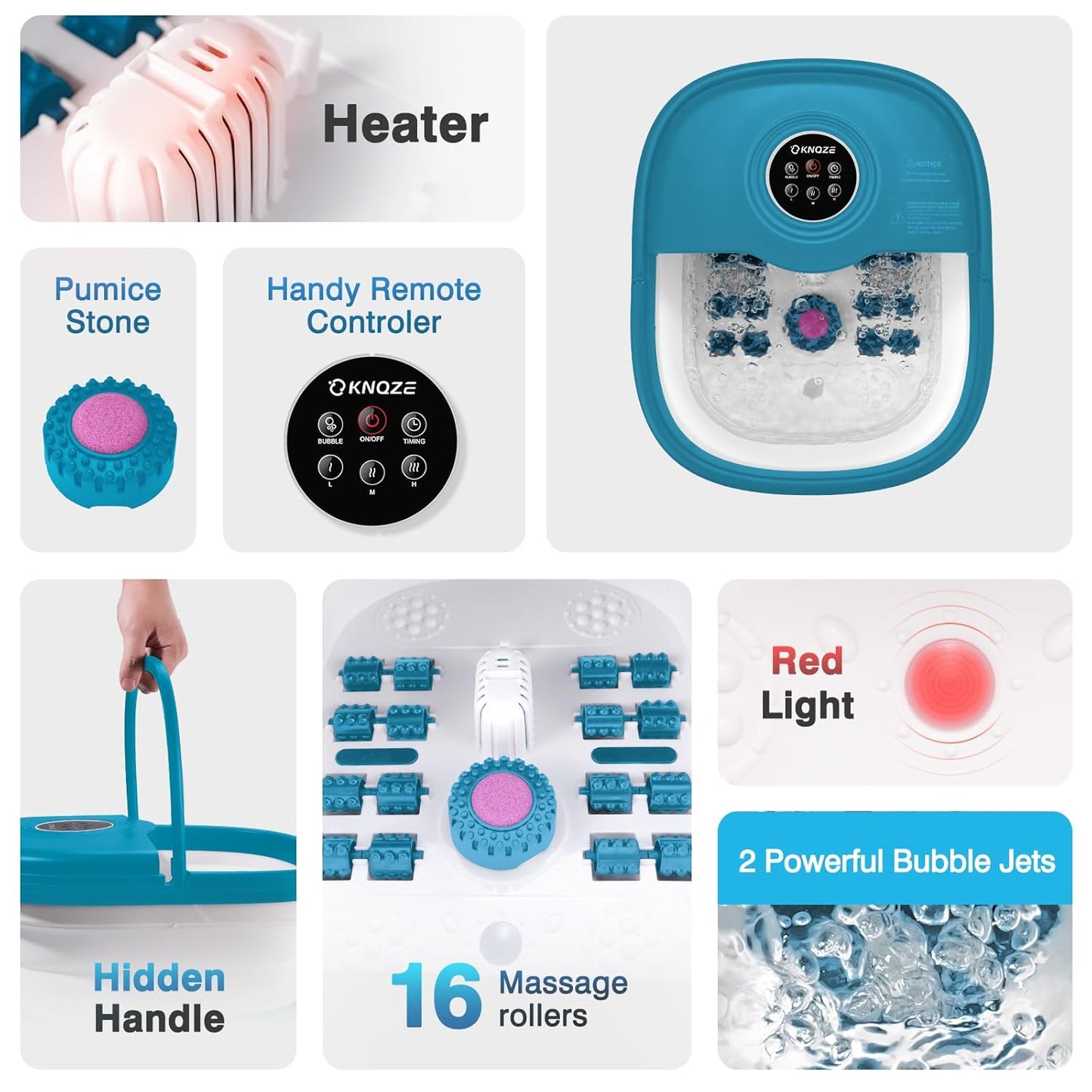 KNQZE Collapsible Foot Spa with Heat, Remote Control, Temperature Control, Bubbles, Pumice Stone, Red Light, Timer, 16 Massage Roller Pedicure Foot Bath Tub Foot Soaker for Relaxation & Stress Relief