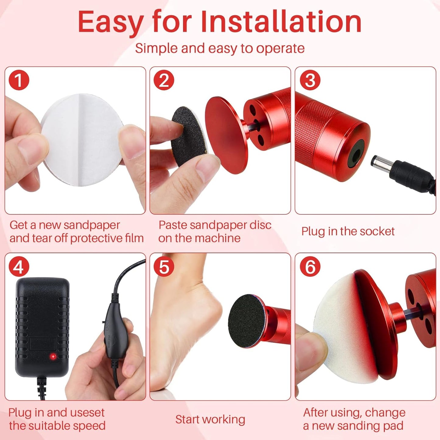 Electric Foot File, Callus Remover for Feet,Adjustable Speed 2 in 1 Electric Foot File Nail Grinder with 60 Pcs Sandpaper Discs, Tool for Dead Skin and Calluses,Gift for Women, Men- Red
