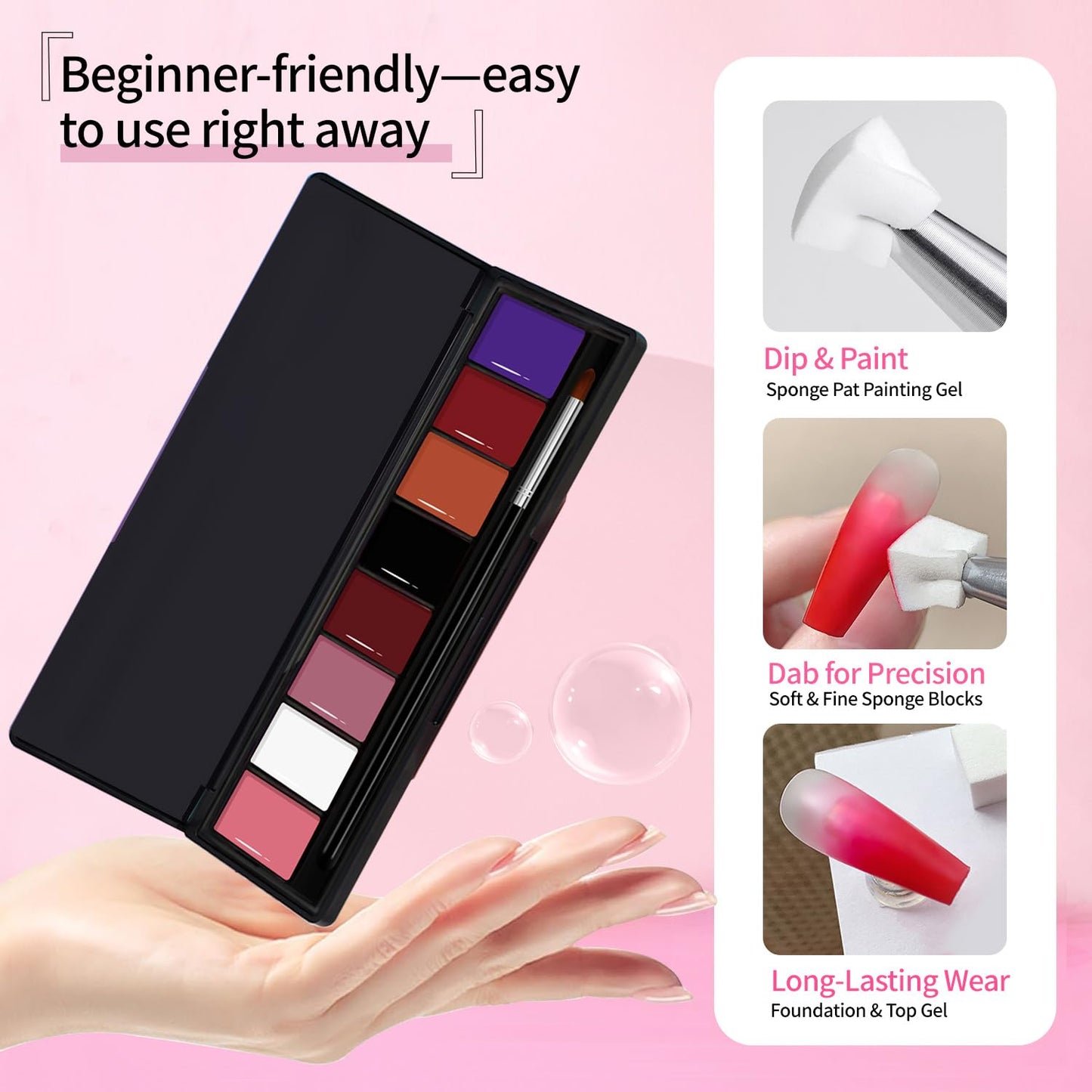 Finger Secret 8 Colors Ombre Gel Pat Nail Polish Set,Ombre Pigment for Nails,Gradient Painting Gel with 50Pcs Nail Sponges for 3D Gels Nail Art can be Painted in Salon or Home Use