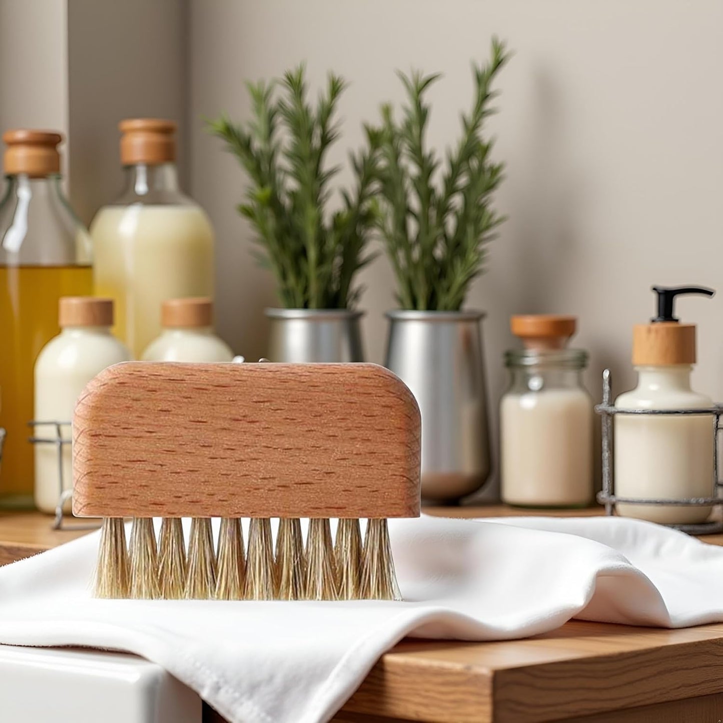 Brown Wooden Nail Brush, Natural Beech Wood Bristle Nail Brush Non-Slip Fingernail Hand Scrub Brush Nails and Toes Cleaning Tools Accessories