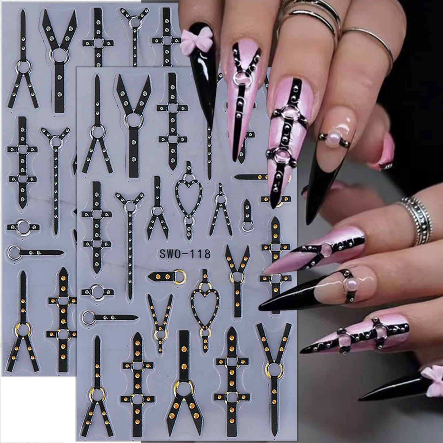 2 Sheets Gothic Nail Stickers for Nail Art Black Punk Belt Nail Design Decals Embossed Gold Silver Rivet Belt Nail Art Stickers 5D Self-Adhesive Halloween Nail Decals for Women DIY Manicure Supplies