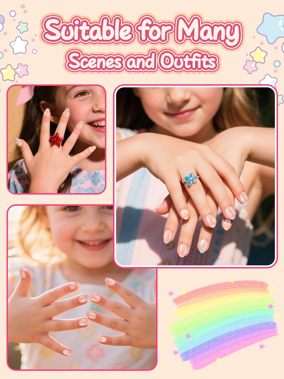 EBANKU 26 Pcs Press on Nails for Girls, Flower Fake Nails for Kids 5-12 Years False Nails Kit with Nail Glue, Short Full Cover Nails Tip for Child