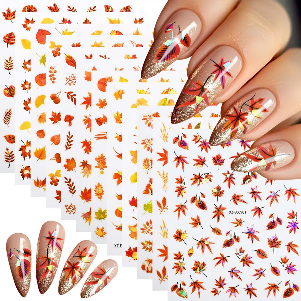 12Sheets Autumn Maple Leaves Nail Stickers 3D Self-Adhesive Fall Nail Art Stickers Gold Yellow Pumpkins Ginkgo Leaf Nails Design Decal Thanksgiving Day Nail Art Decoration for Women DIY Nail Supplies