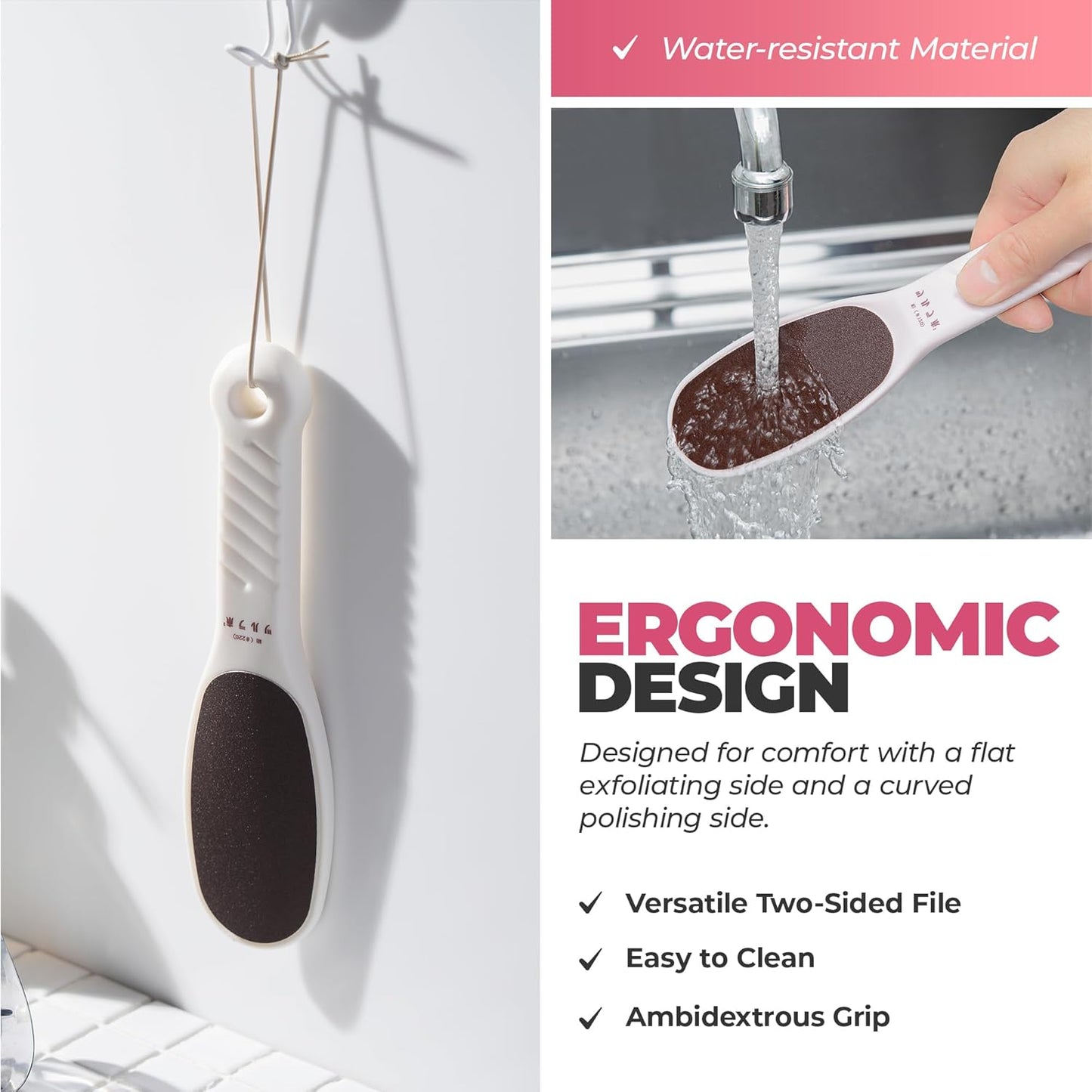 TSURULABO - Foot File, Dual-Sided (Coarse & Fine), Water-Resistant Alternative to a Foot Scrubber or Pumice Stone for Feet, Heel Scrubber for Grooming, Beige Dry Skin Callus Remover with Hanging Loop