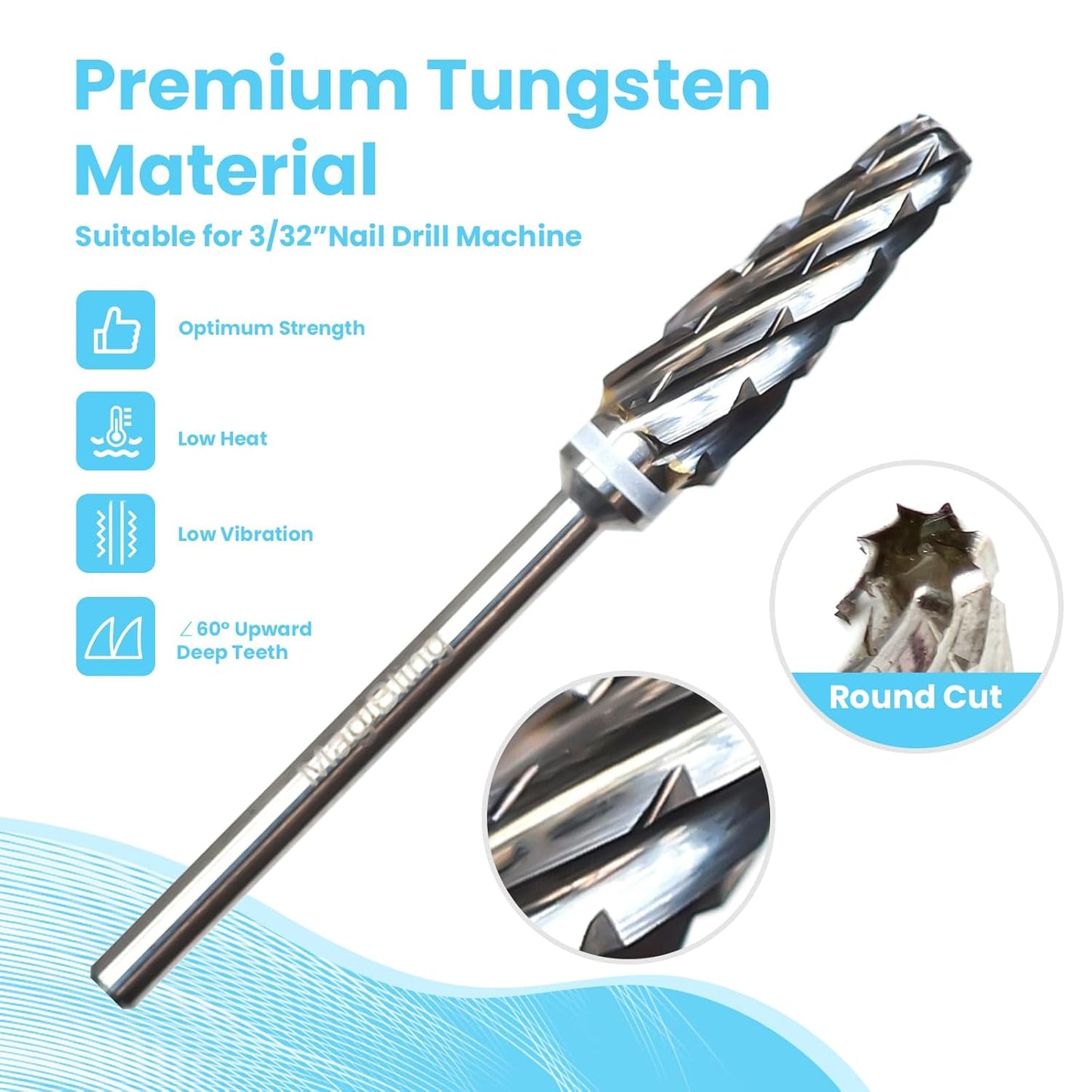Super Cut 5 In 1 Nail Drill Bits, Tapered Barrel 3/32'' Safety Tungsten Bits, Upward Cut for Hard Gel Removal, Right Hand Use, Manicure Cuticle Gel Polishing, Technicians Bits, Quadruple Coarse.