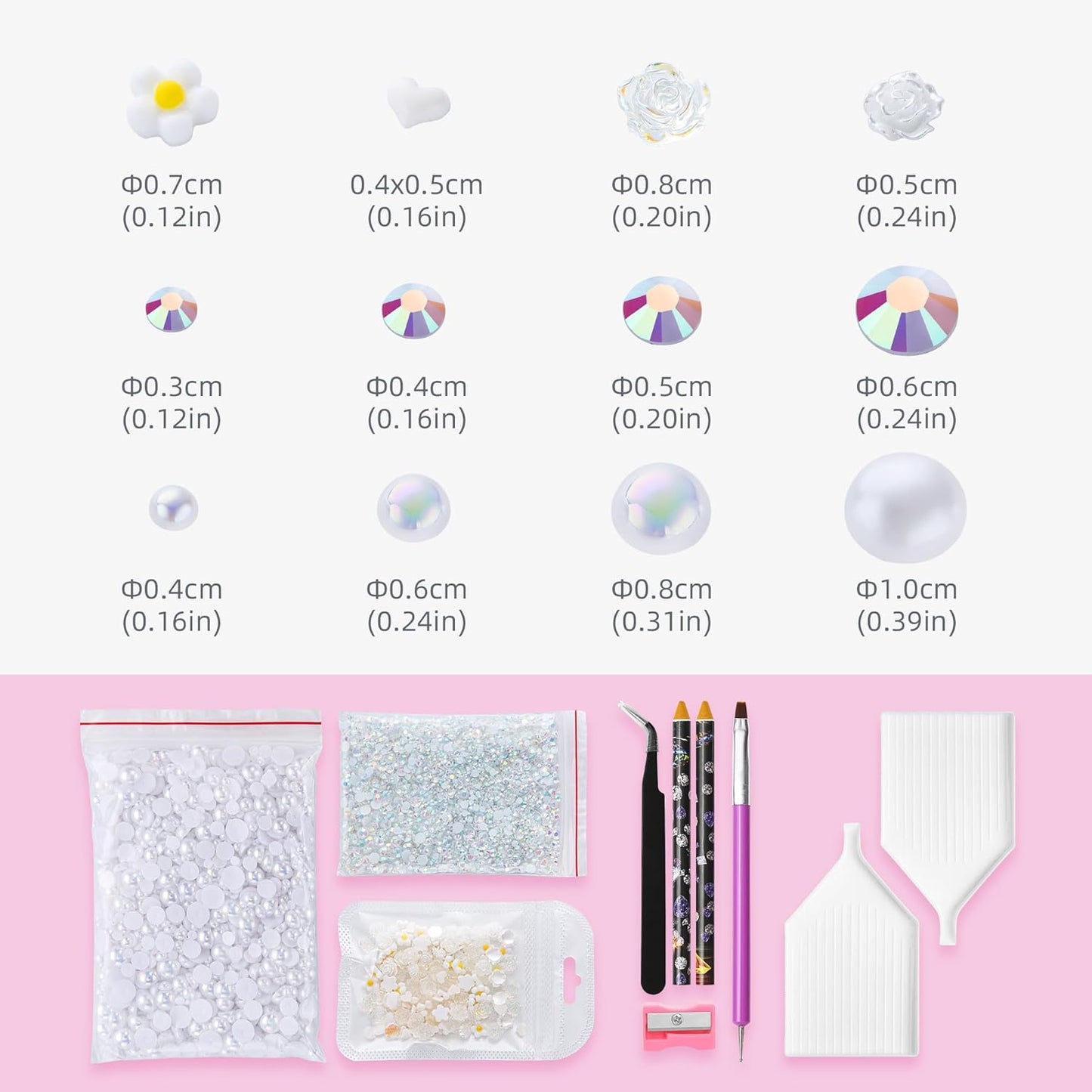 160g White Flat Back Pearls Rhinestones for Crafts Mixed Size 3mm-10mm AB Color Round Half Pearls Flatback Pearl Beads and Resin Rhinestones Set for Face Art