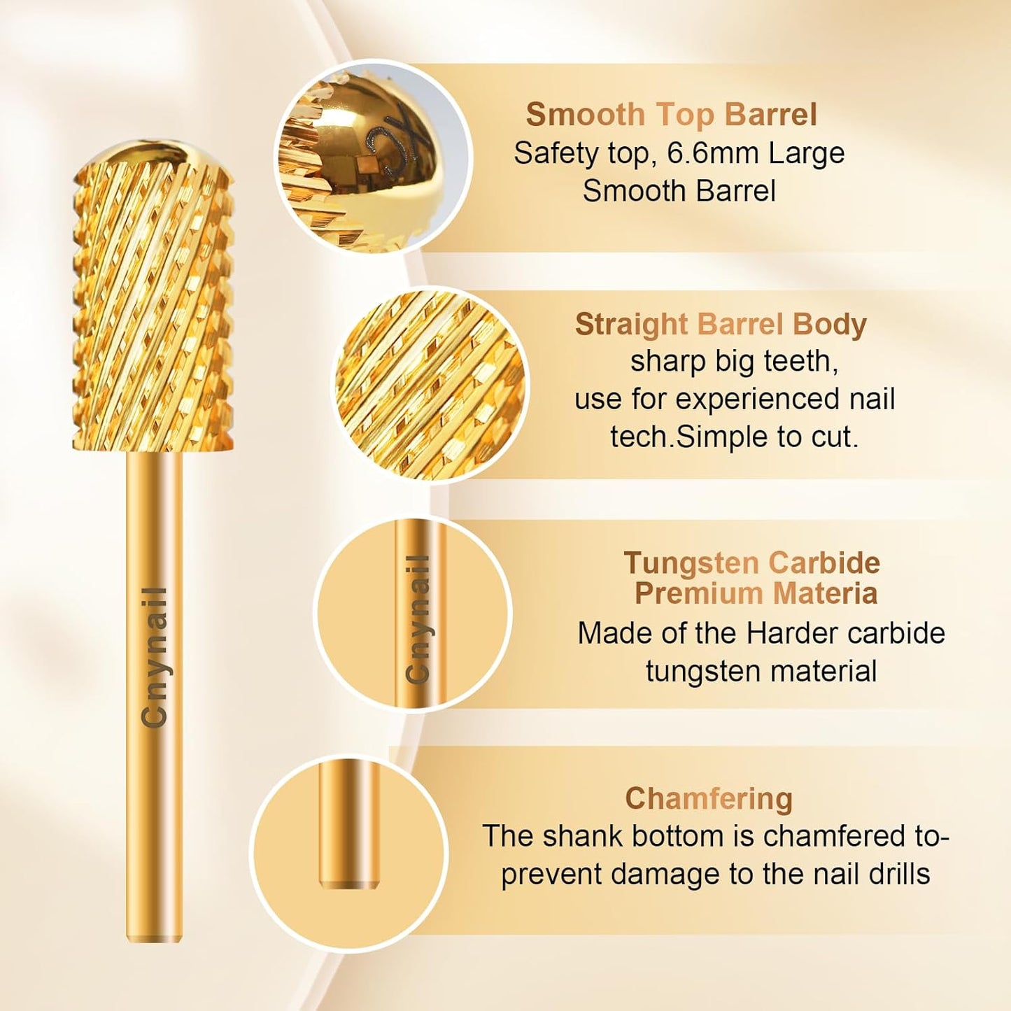 3/32" Large Barrel Smooth Round Top Tungsten Carbide Nail Drill Bit Safety Bit for Gel & Acrylic Removal, 2-Way Rotating Efile Tip, Salon Electric File Accessory (XC Grit, Gold)