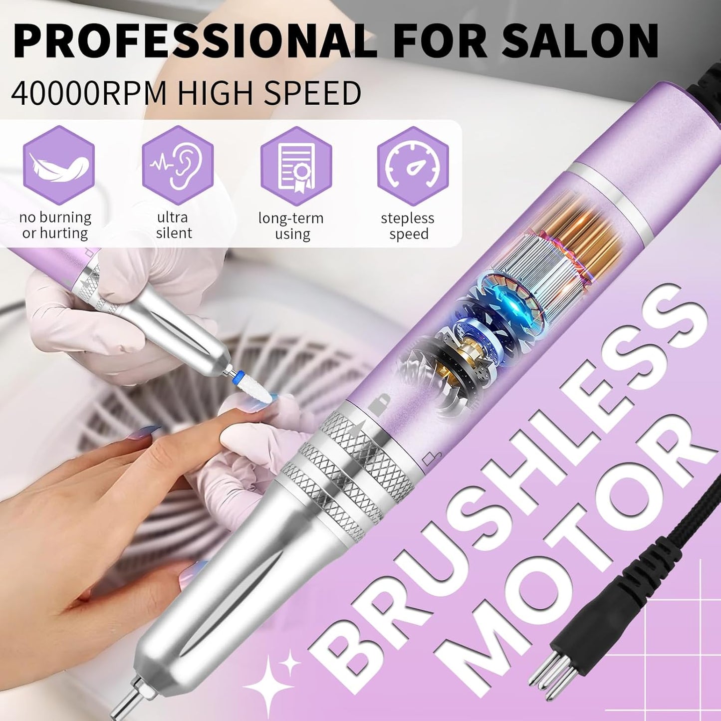 Kredioo Professional Nail Drill Brushless 40,000RPM Rechargeable 2-in-1 Portable Electric Nail File Ultra Silent Salon Must Haves Nail Tool Kit Removing Acylic Gels-Purple