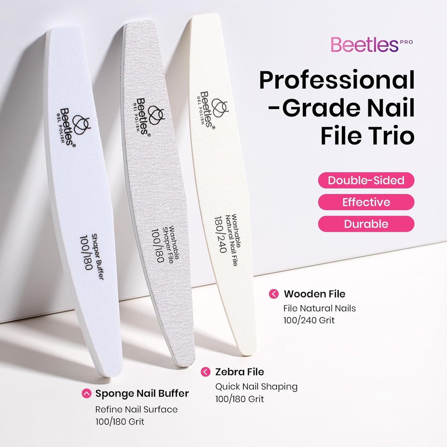 Beetles Pro 3-Pcs Nail File Nail Buffer - Professional 100/180/240 Grit Nails Files and Buffers Double Sided Washable Shaper Files for Acrylic, Gel & Natural Nails – Salon Quality Manicure Tool