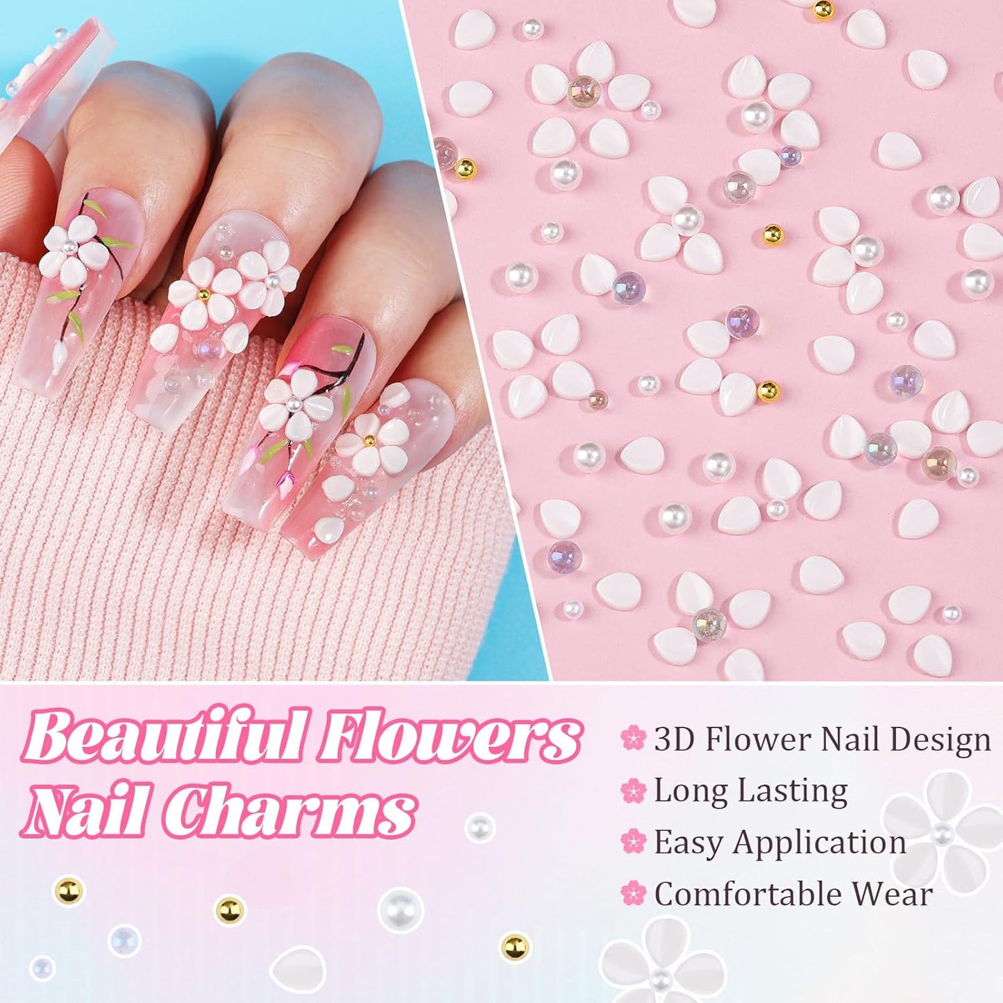 500Pcs Flower Nail Charms Kit, 400Pcs 3D White Flowers Petals and 100Pcs Round Pearls with Gold Metal Caviar Beads Bubble Beads, Cherry Blossom Petal Tiny Gems Mixed Rhinestone for Nails DIY
