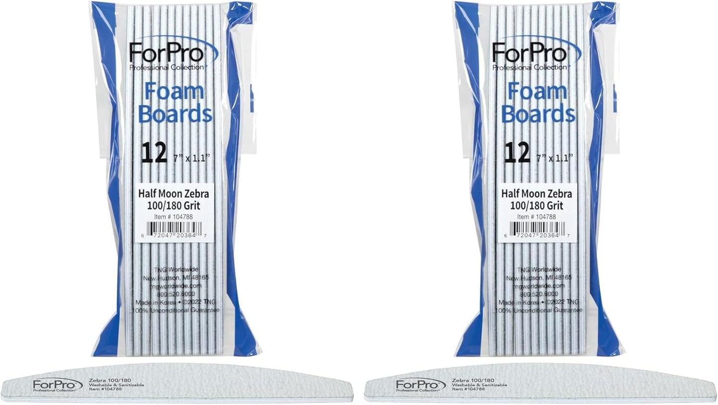 ForPro Half Moon Foam Boards, Zebra, 100/180 Grit, Double-Sided Manicure and Pedicure Nail Files, 7” L x 1.1” W, 12-Count (Pack of 2)