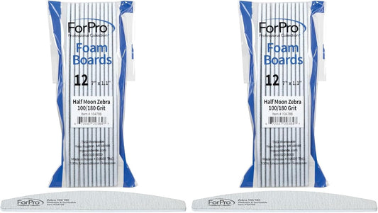 ForPro Half Moon Foam Boards, Zebra, 100/180 Grit, Double-Sided Manicure and Pedicure Nail Files, 7” L x 1.1” W, 12-Count (Pack of 2)