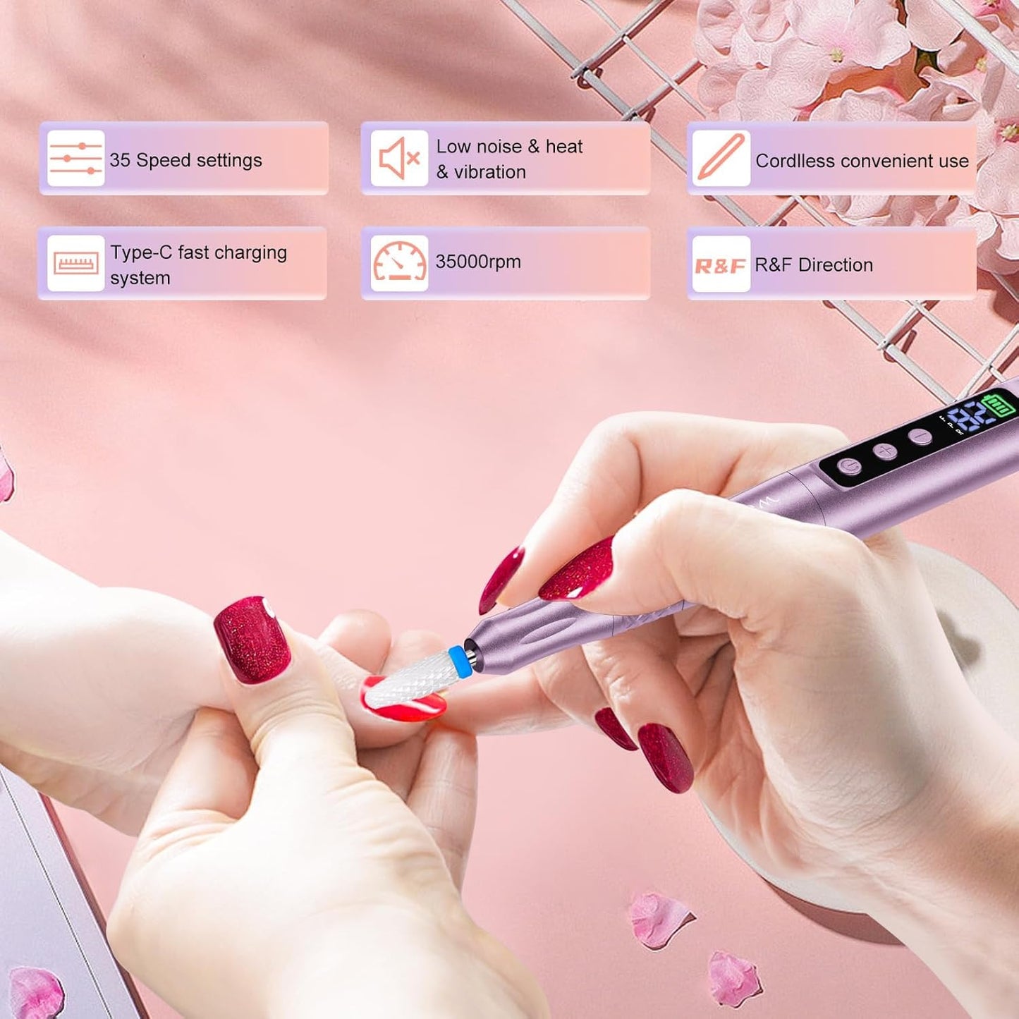 Electric Nail Drill Professional, Cordless NailDrill, 35000RPM Professional NailDrill, Portable Efile Nail Drill Machine for Acrylic and Gel Nail with Manicure and Polishing Tool Set (Pink)