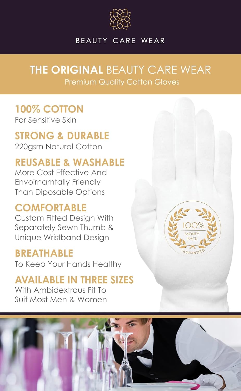 Care Wear White Cotton Gloves for Dry Hands - Overnight Eczema Moisturizing Lotion Treatment - 20 XL Jersey Glove Liners