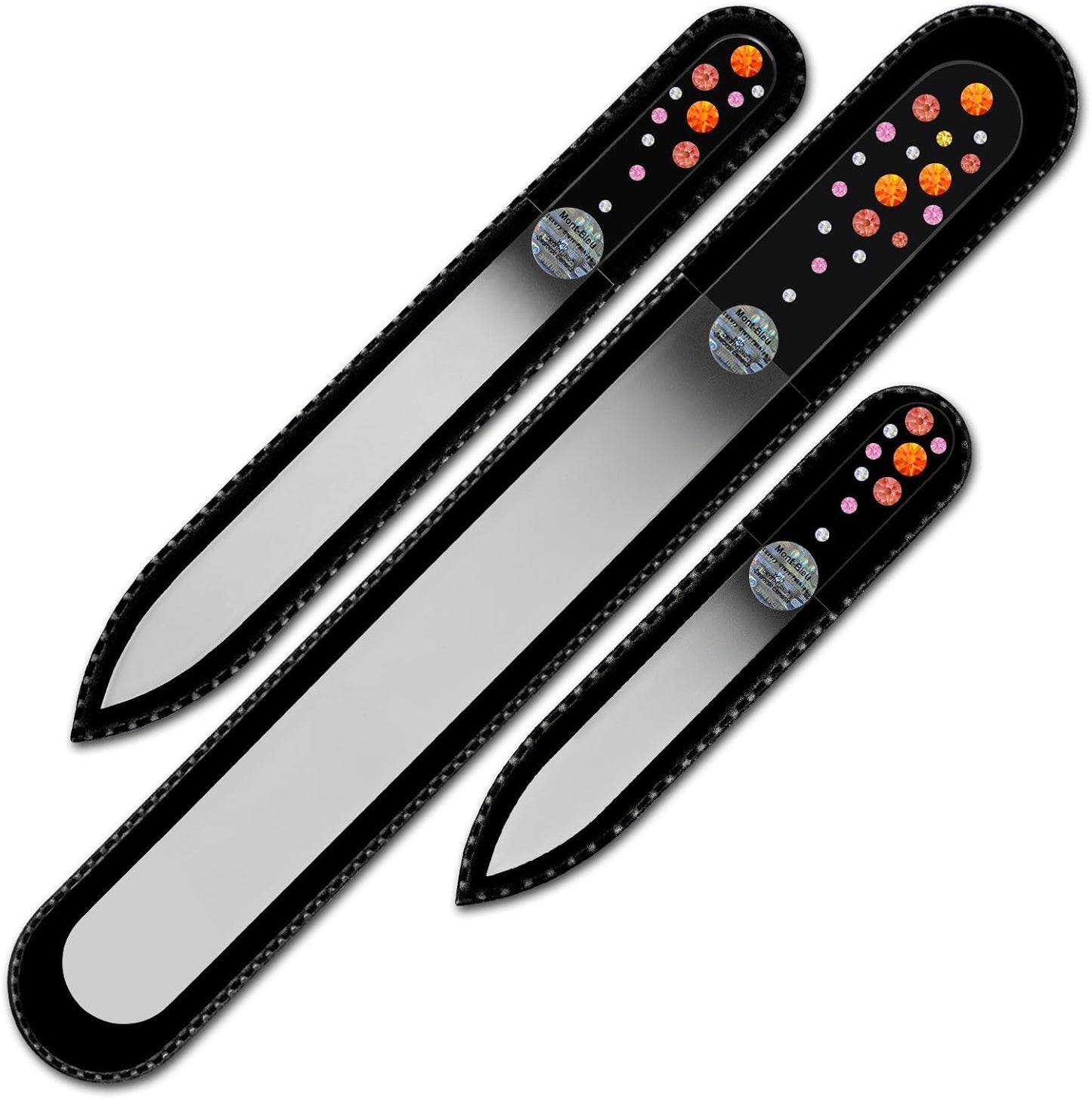 Mont Bleu Set of 3 Glass Nail Files Hand Decorated with Crystals from Swarovski® | Hand Made, Czech Tempered Glass, Lifetime Guaranty