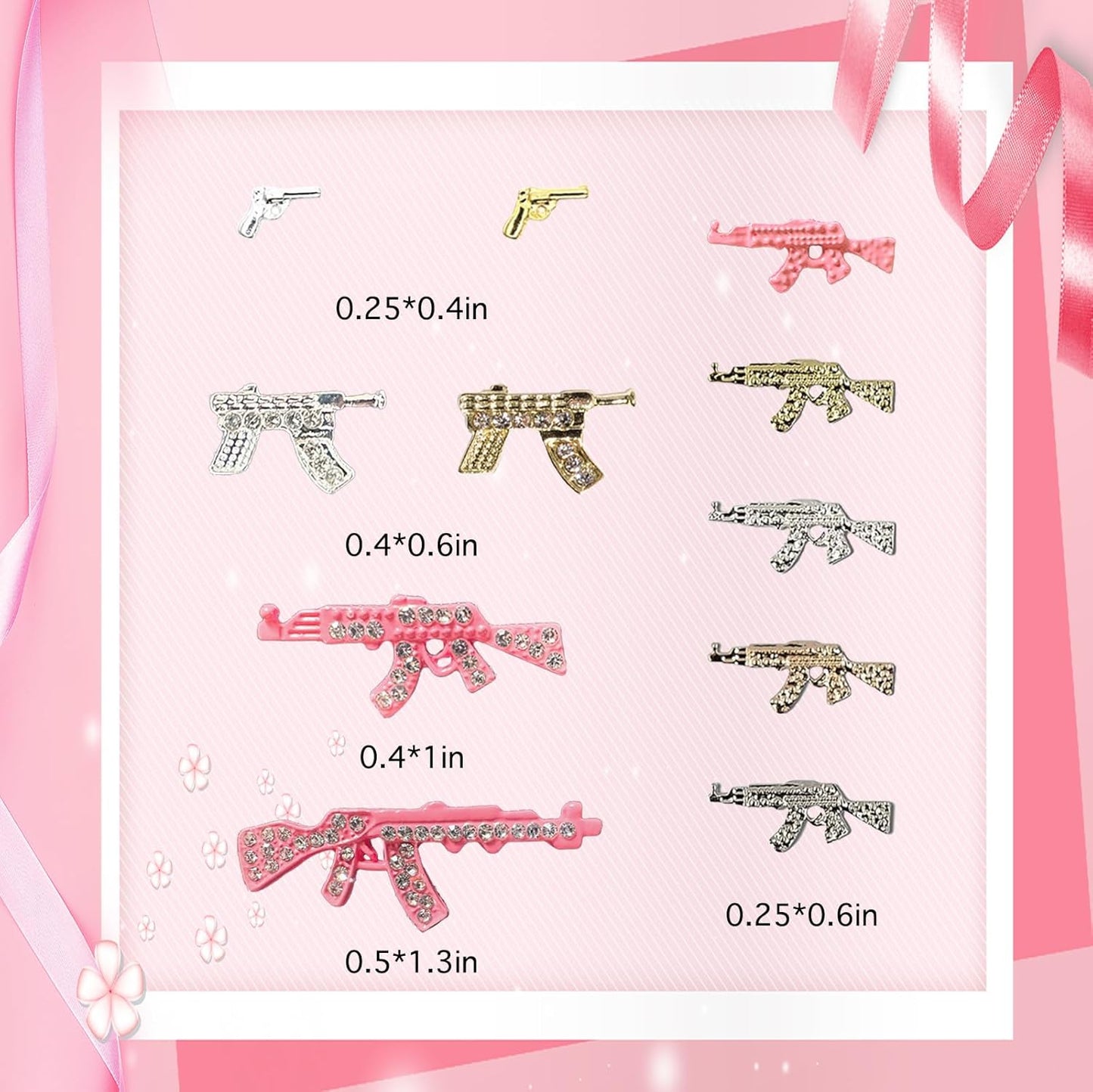 114PCS Gun 3D Nail Charms for Acrylic Nails, Gold Silver Alloy Nail Gems Small Pistol Machine Gun Nail Accessories, Nail Rhinestones for Nail Art Supplies Manicure Craft DIY