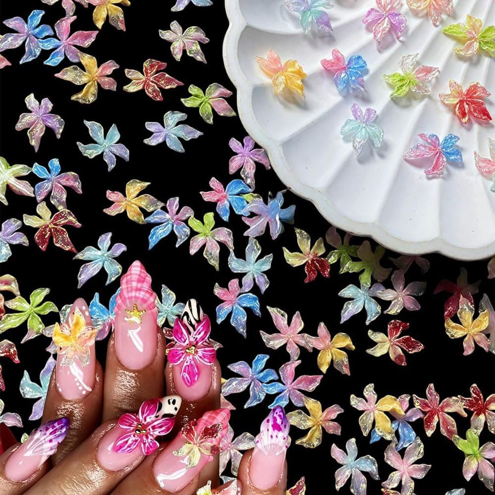 3D Crystal Flower Nail Charms, 100 Pieces Mixed Color Spring Floral Rhinestones, Hawaii Style Nail Art Decorations with Golden Beads