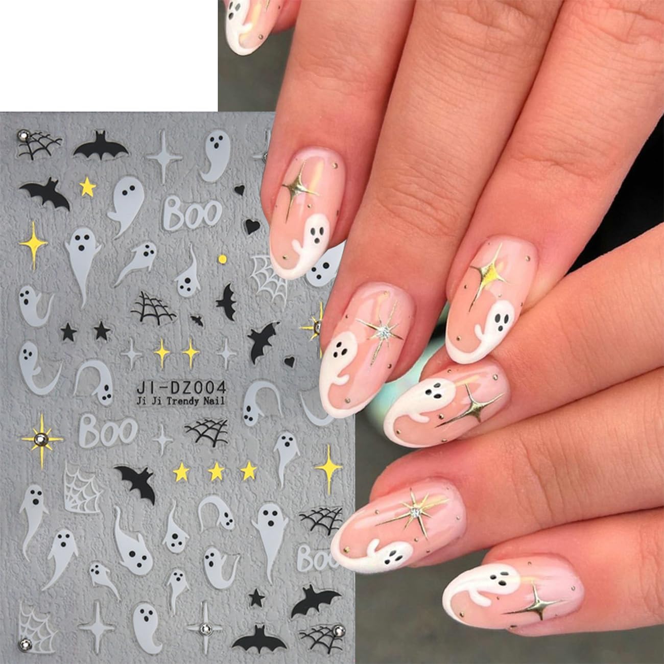 Halloween Nail Stickers for Nail Art Kit - 6Sheets Cute Ghost Nail Decals 3D Self-Adhesive Horror Skull Spider Web Bat Pumpkin Star Moon Designs DIY Nail Art Tips Nail Supplies for Halloween Party
