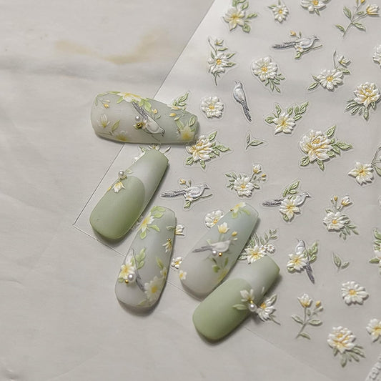 1 Sheet Flower Nail Decal with Leaf Design, Yellow White Gradient Floral Nail Art Stickers, 5D Embossed Self-Adhesive Nail Stickers for Women DIY Spring Summer Flower Manicure Art Supplies