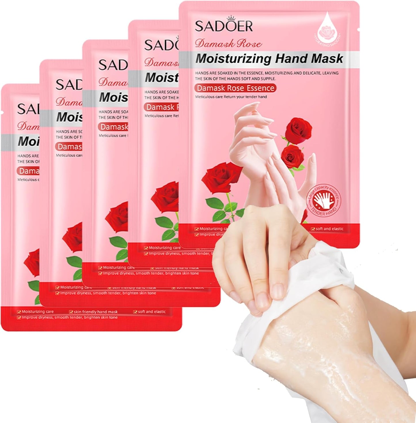 5 Pairs Hands Moisturizing Gloves, Damask Rose Hand Mask, Hand Skin Repair Renew Mask Infused Collagen, Vitamins Natural Plant Extracts for Dry, Aging, Cracked Hands
