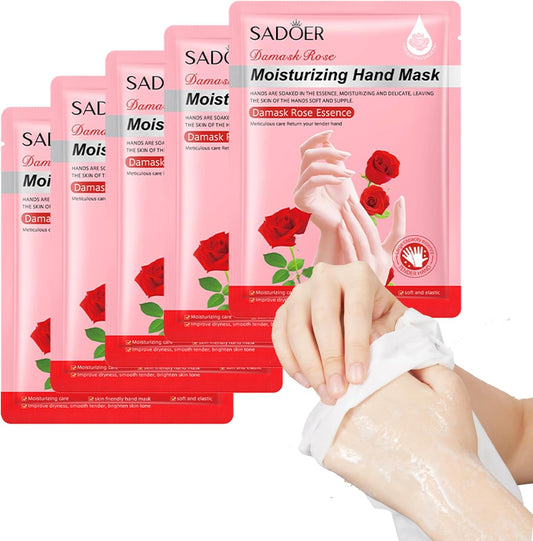 5 Pairs Hands Moisturizing Gloves, Damask Rose Hand Mask, Hand Skin Repair Renew Mask Infused Collagen, Vitamins Natural Plant Extracts for Dry, Aging, Cracked Hands