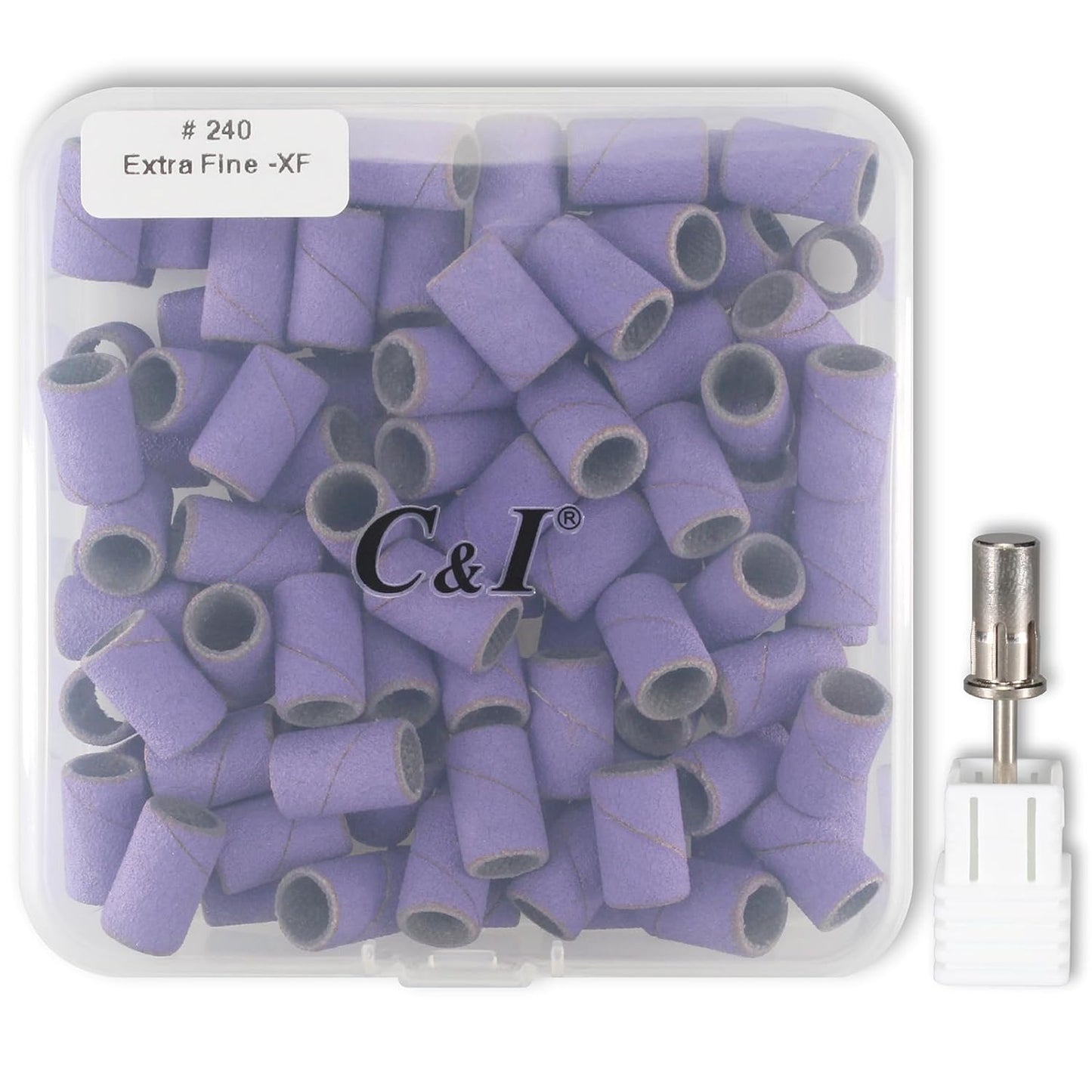 C & I Nail Sanding Bands 100 PCS Plus Upgrade Mandrel 1 PC, Nail Drill Bits for Acrylic Gel Nails Remove, Natural Nails Buffer for Nail Prep and Nail Shiner (Purple, #240 Extra Fine)
