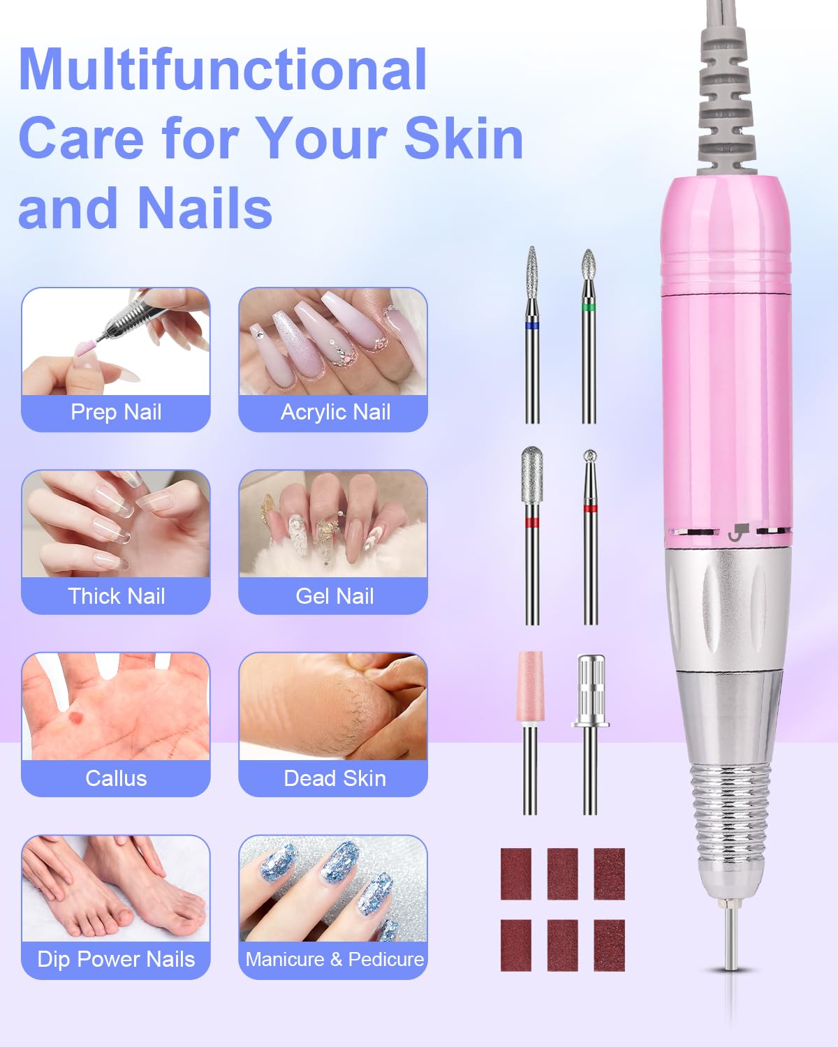 Electric Nail Drill Professional: Rechargeable Nail File with Bits for Acrylic Gel Nails, Professional Nail Drill Manicure Pedicure Polishing Shape Tools for Home Salon