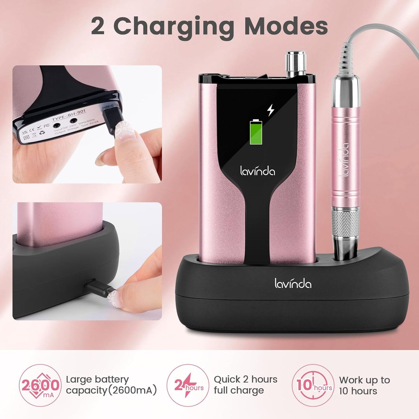 Lavinda Professional Rechargeable Nail Drill Machine, Cordless 35,000RPM Skyspace Brushless Nail Drill, Portable Electrical Nail File for Acrylic Nails with Protective Case, Rose Gold