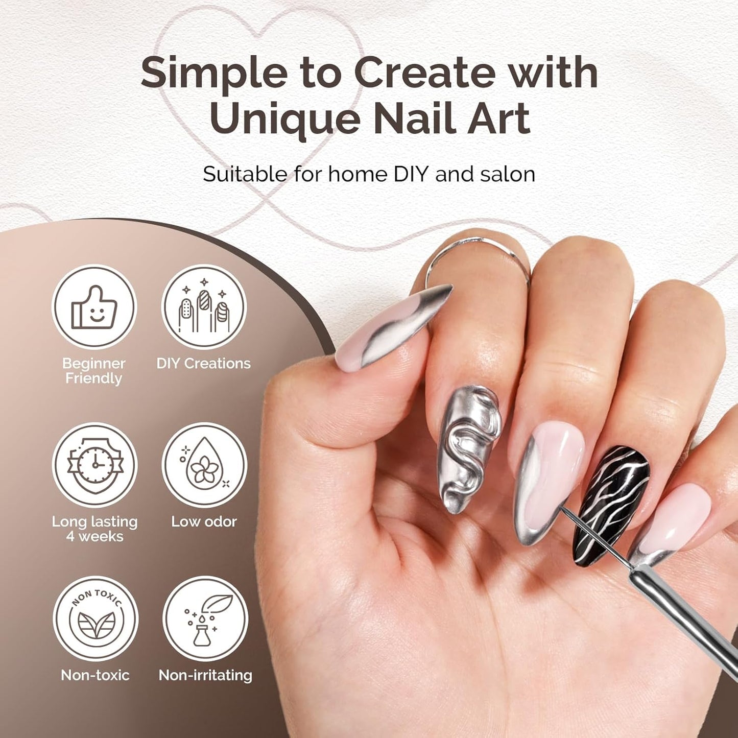 MelodySusie 8ML Silver Gel Liner Nail Art Polish Mirror Chrome 3D Effect,for Line and Patterns of Painting,French Nail Tips,DIY Manicure Pedicure for Home DIY Salon Use