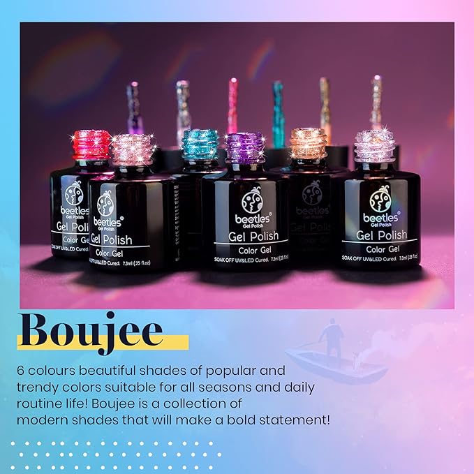Beetles Glitter Gel Polish, 6 Pcs Pink Silver Platinum Gel Polish Kit Soak off Uv Lamp Shimmer Purple Pink Green Gold Glitter Nail Polish Kit Holiday Gift Design for Party