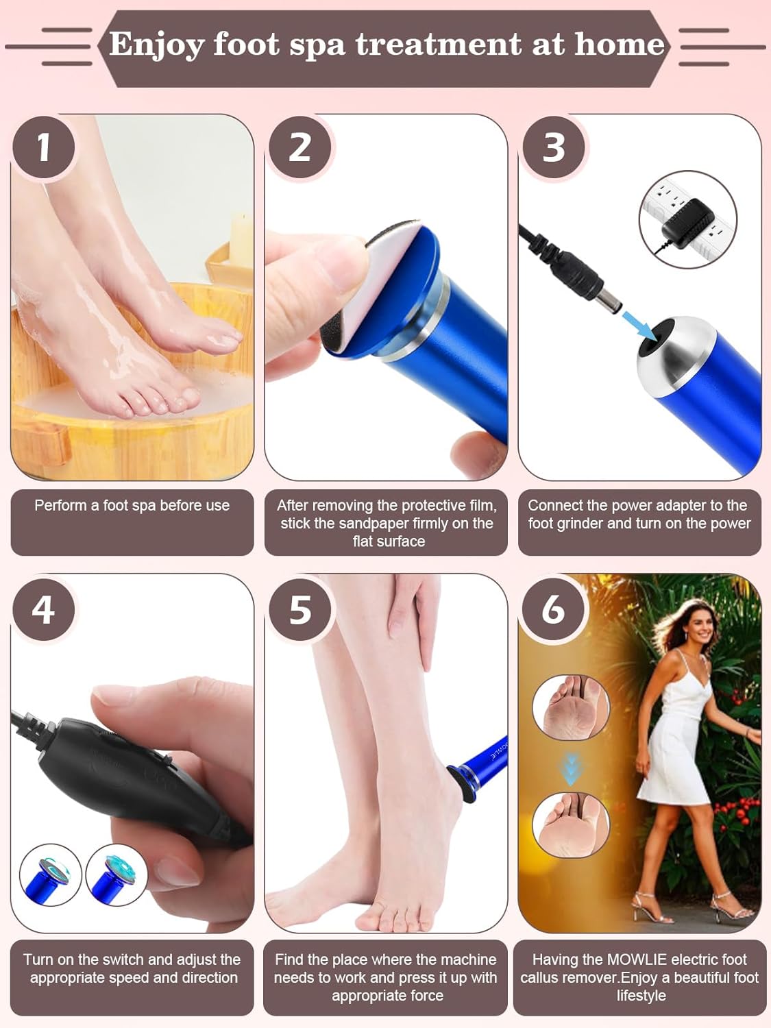 Electric Foot Callus Remover,MOWLIE Electric Foot Care Tools with Speed Controller and 60pcs Replacement Sandpaper Disk for Men Women Dead Dry Crack Skin Calluses (Blue)