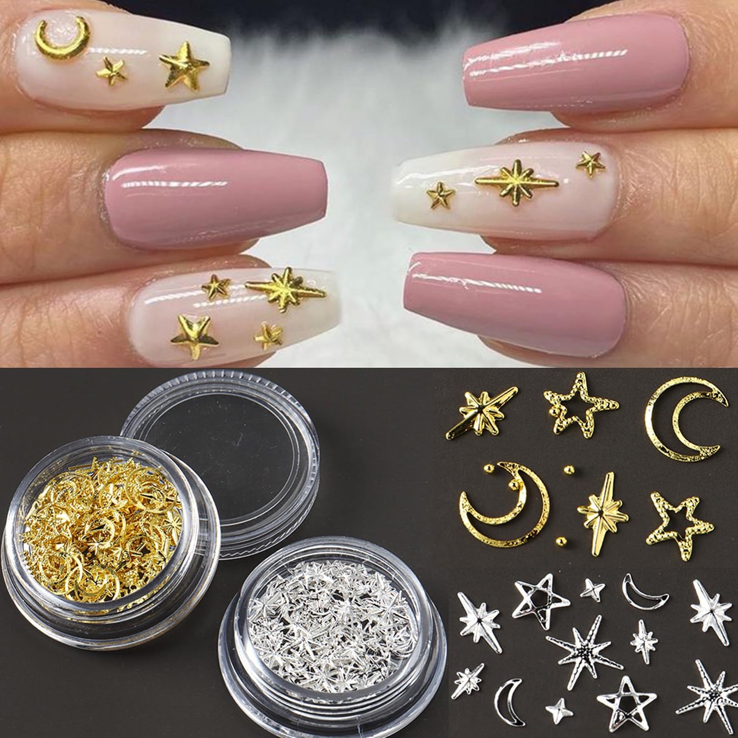 Star Nail Charm for Nails,3D Gold Silver Star Nail Art Charm 2Box Metal Five-Pointed Star Gold Silver Stars Moon Rivet Nail Accessories Metallic Studs Rhinestones Star Nail Jewelry Decor Manicure Kit