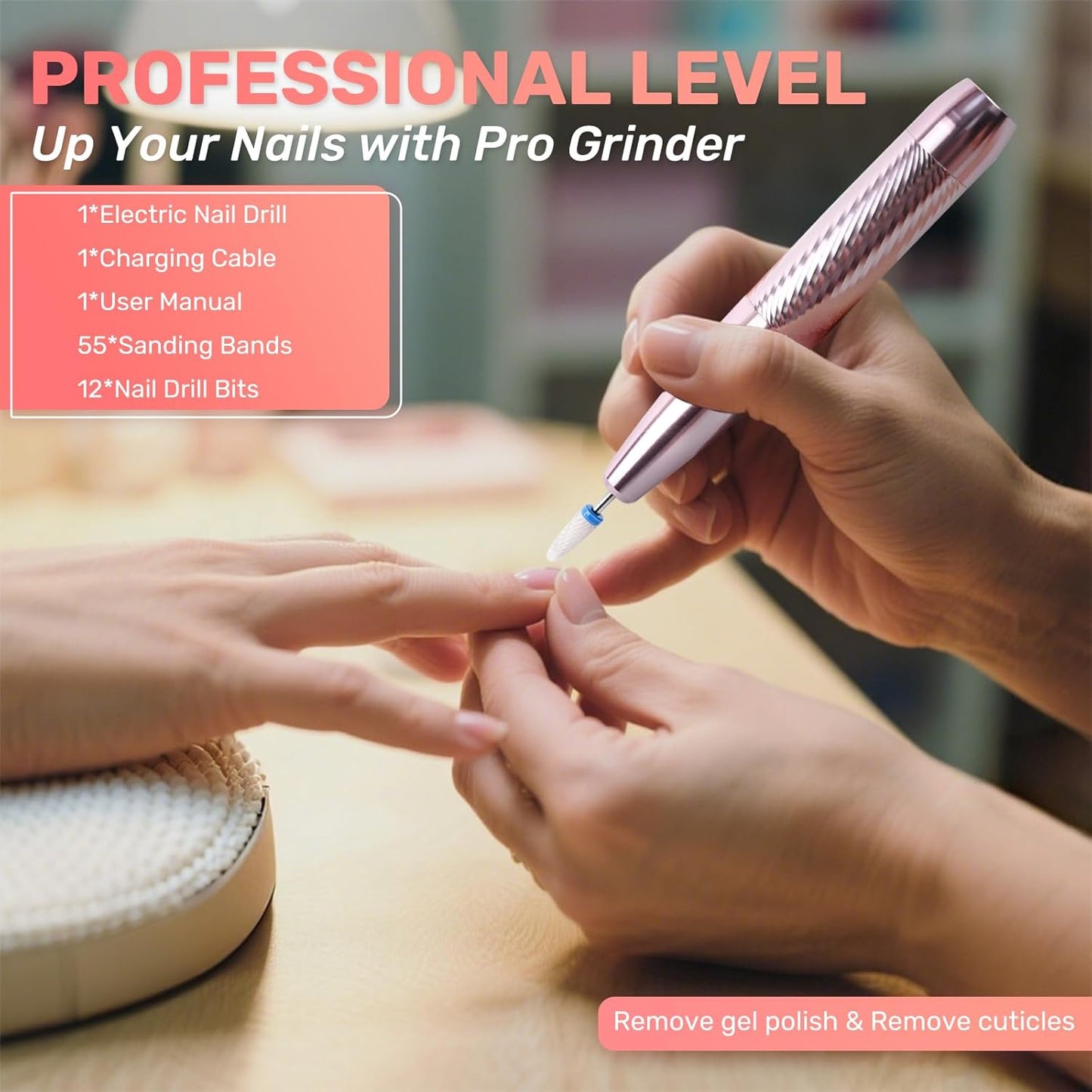 Portable Electric Nail Drill Machine Professional Kit, 0-23000 RPM Adjustable Speed, Nail Grinder Manicure Tool for Home Salon with Drill Bits Sanding Bands for Acrylic Gel Nails Pink