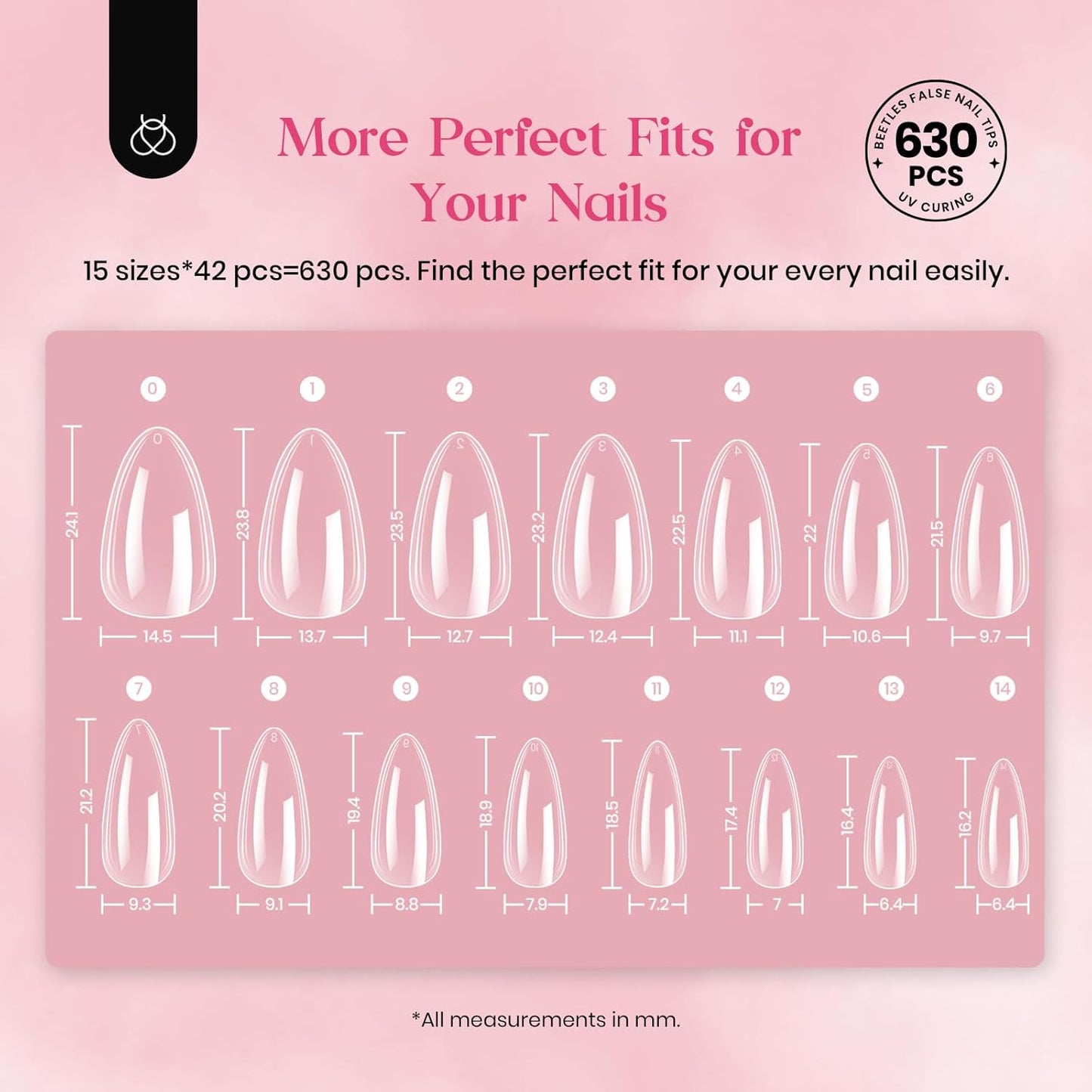 Beetles Gel Nail Tips Medium Almond: 15 Sizes 630Pcs Easy Nail Extension, Full Cover Clear Soft Nail TipsAcrylic Press On False Nails for Gel Nail Polish Gifts for Women