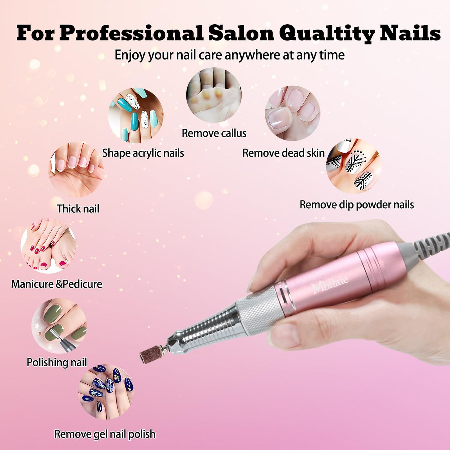 Professional Nail Drill File 45000RPM Electric Portable Nails Drills Kit with Rechargeable 7 uñas Bits Cordless Efile for Poly Gel Acrylic Nails Remover Home Salon Pedicure Manicure Tool (Rose Pink)
