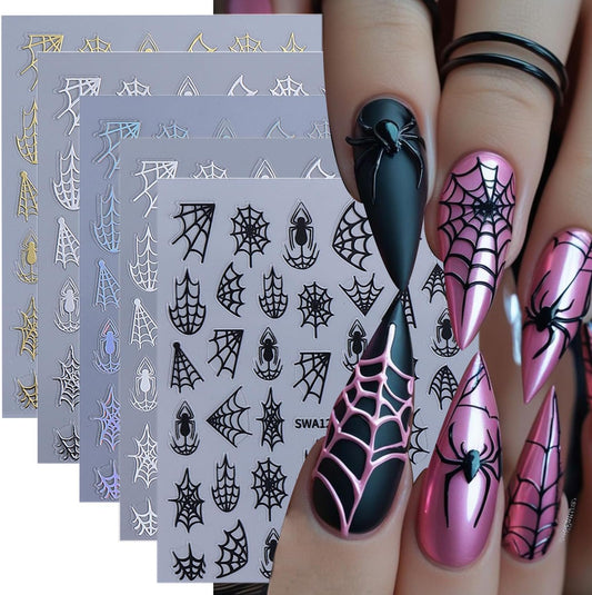 5 Sheets Halloween Nail Stickers for Nail Art 3D Self-Adhesive Spider Web Nail Art Stickers White Black Silver Laser Gold Spider Nail Decals Goth Nail Art Supplies for Women Acrylic Manicure Salon