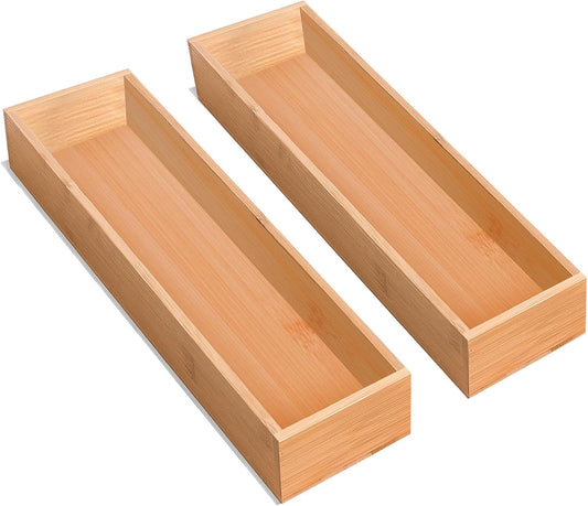 Silverware Drawer Organizer, Utensil Organizer, Bamboo Storage Box Wood Tray for Drawer Set of 2