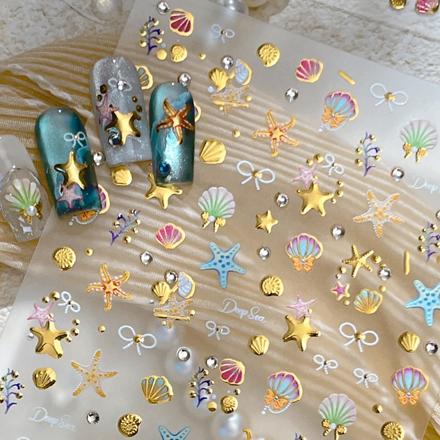 1 Sheets Gold Shell Nail Stickers for Nails Art 5D Embossed Self-Adhesive Summer Nail Art Stickers Ocean Star Jellyfish Design Beach Nail Decals Nail Art Supplies for Women Acrylic Manicure Salon