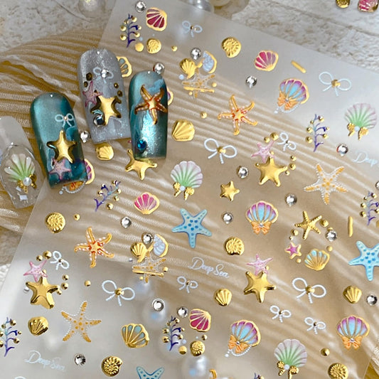 1 Sheets Gold Shell Nail Stickers for Nails Art 5D Embossed Self-Adhesive Summer Nail Art Stickers Ocean Star Jellyfish Design Beach Nail Decals Nail Art Supplies for Women Acrylic Manicure Salon