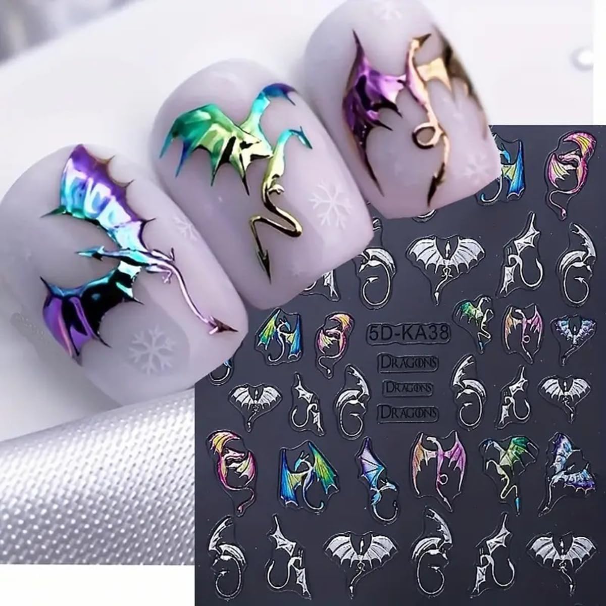Halloween Nail Stickers 5D Dragon Nail Art Stickers 2PCS Laser Silvery Flying Devil Bat Nails Design Embossed Nail Decals Flying Dragon Manicure Sticker Supply for Women Nail Art Decorations