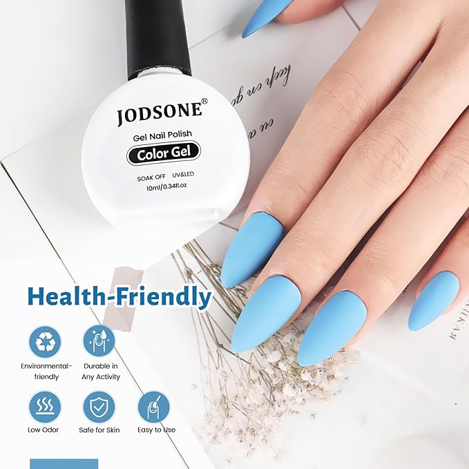 JODSONE Medium Blue Gel Nail Polish 10ml LED Gel Polish Baby Blue Nail Color Professional Salon Finish Long-Lasting Low Odor Need U V Lamp Curing