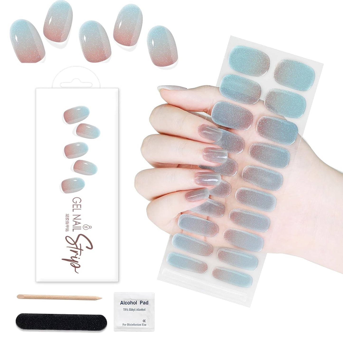 WOKOTO 1 Sheet Semi Cured Gel Nail Strips With Wood Stick, Nail File & Prepared Pads, 20 Tips Shimmery Ice Blue Ombre Semi Cured Nail Polish Strips Stickers, Harden With UV Light Gel Nail Stickers