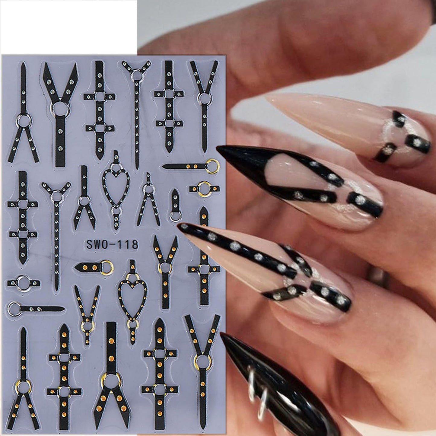 2 Sheets Gothic Nail Stickers for Nail Art Black Punk Belt Nail Design Decals Embossed Gold Silver Rivet Belt Nail Art Stickers 5D Self-Adhesive Halloween Nail Decals for Women DIY Manicure Supplies