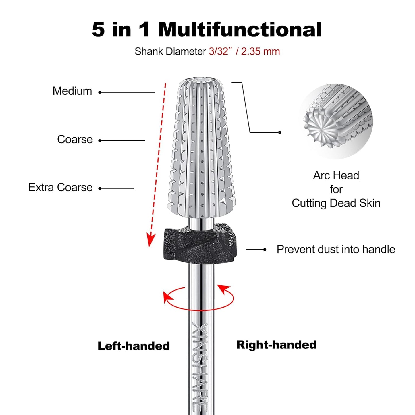 5 in 1 Nail Drill Bit 3/32" Tungsten Carbide Multifunctional Nail Bits Professional Fast Removing Acrylic Hard Gels Cuticle Nail Efile Bit for Nail Drill Machine Extra Coarse(XC)