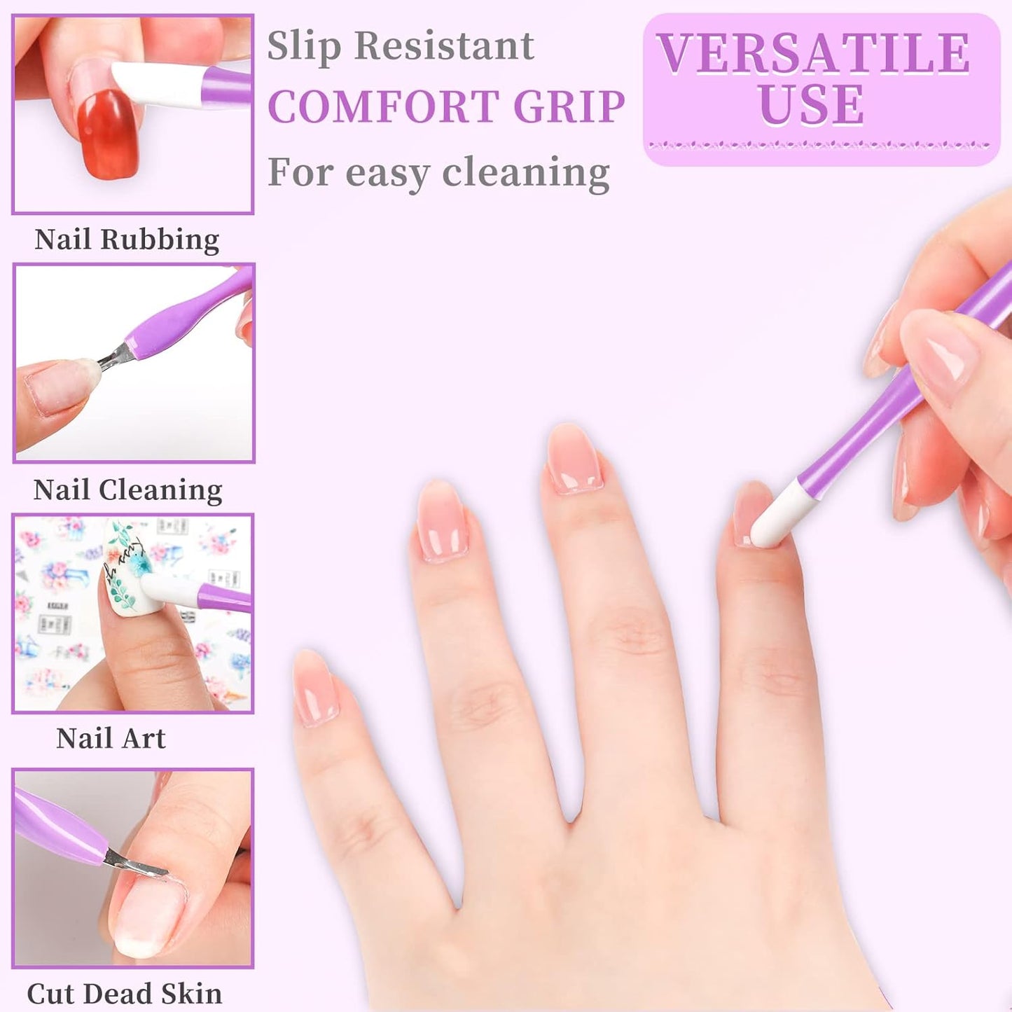 50Pcs Nail Cuticle Trimmer Rubber Nail Cleaner, Plastic Handle Cuticle Knife, Double End Nail Dead Skin Fork Cuticle Pusher Bulk Nail Art Cuticle Remover Tools for Girls Women and Men-Purple…