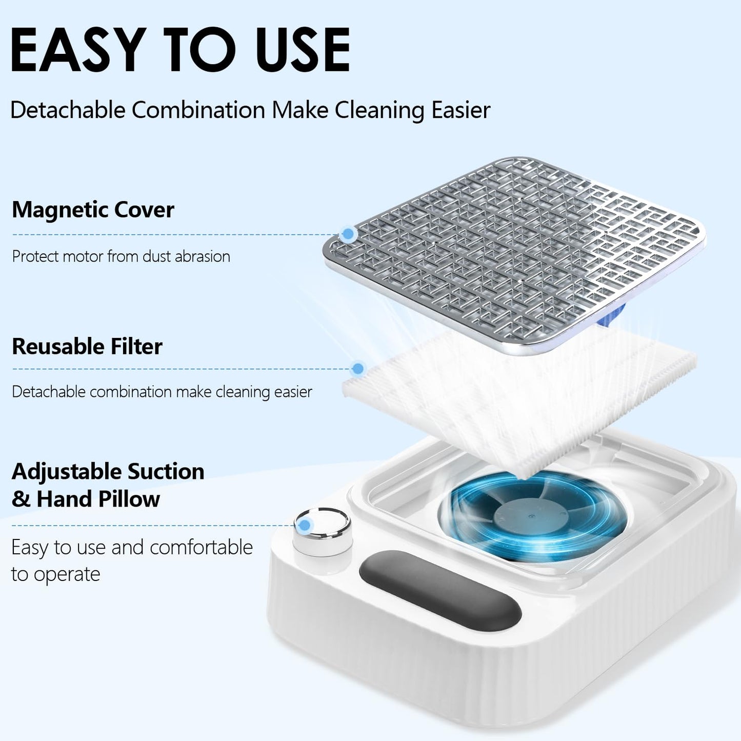 80W Nail Dust Collector with Reusable Filter for Acrylic Gel Nails, Vacuum Fan Dust Collector for Beginner, Adjustable Nail Vacuum Suction Fan for Manicure Pedicure at Salon or Home
