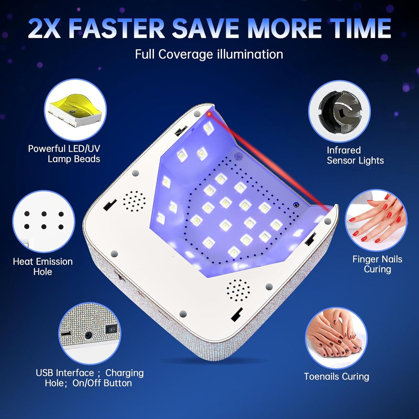 UV LED Nail Lamp 72W Rechargeable Sparkly Wireless Nail Dryer Gel Polish Light with 5 Timer Setting Professional Quick Dry Curing Lamp with Display Auto Sensor for Salon & Home
